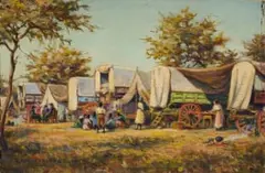 Camp Scene with Figures and Wagons by Erich Mayer, 1925, oil on canvas laid down on board, sold May 2026