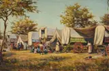 Erich Mayer, Camp Scene with Figures and Wagons, 1925, oil on canvas laid down on board