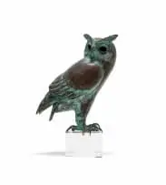 Robin Lewis, Owl, hammered copper with a verdigris patina, on an acrylic base