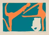 Walter Battiss, Dancers and Head of a Statue, 1968, colour screenprint on paper laid down on board