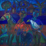 Jan Vermeiren, Figures with Animals and Bird, oil on canvas