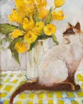 Ann Nosworthy, Siamese Cat beside a Vase of Yellow Flowers, oil on canvas