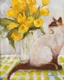 Ann Nosworthy, Siamese Cat beside a Vase of Yellow Flowers, oil on canvas