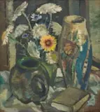 Piet van Heerden, Still Life with Flowers, Vases and a Book, oil on panel