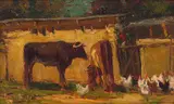 Adriaan Boshoff, Farm Scene with Cattle and Chickens, oil on canvas laid down on board