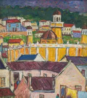 Kenneth Baker, Cape Town Cityscape with Mosque, oil on board