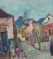 Kenneth Baker, Bo-Kaap Street Scene with Figures, oil on board