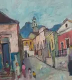 Kenneth Baker, Bo-Kaap Street Scene with Figures, oil on board