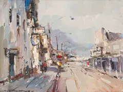 Wessel Marais, Street Scene with Figures, oil on artist's board