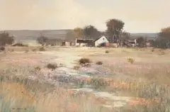 Mel Brigg, Field with Flowers and Farm House, 1985, oil on artist's board
