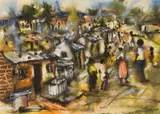 Ephraim Ngatane, Township Scene, pastel and watercolour on paper