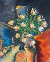 Christiaan Diedericks, A Vase of Flowers and a Dog, mixed media on paper laid down on board