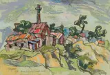 Gregoire Boonzaier, Village with Church Spire, 1992, oil pastel on glasspaper