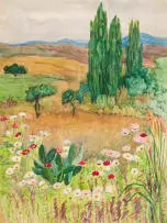 Edith King, Landscape with Cosmos (View from Bonnefoi Home), watercolour on paper