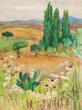 Edith King, Landscape with Cosmos (View from Bonnefoi Home), watercolour on paper