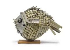 Maurice Mbikayi, Web Fish I, 2018, computer parts, found telephone handsets and papier-mâché, on a composite wood base