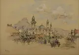 Gregoire Boonzaier, Cape Street Scene with Mosque, 1972, watercolour on paper