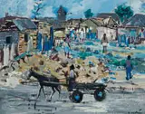 Ephraim Ngatane, Donkey and Cart on a Township Street, 1969, mixed media with enamel on board