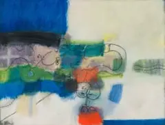 Douglas Portway, Abstract Composition in Blue and Green, 1979, mixed media with charcoal on paper laid down on board