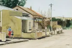 Denby Meyer, Untitled (Karoo Street Scene with Figures), watercolour on paper