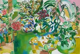Judy Shear, Abstract Still Life in Green, 2025, acrylic on canvas board