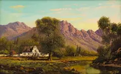 Cape Homestead in a Mountain Landscape by Tinus de Jongh, oil on canvas, sold Apr 2026