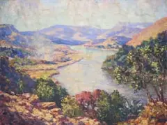 Edward Roworth, Mountainous Landscape with River, oil on canvas laid down on board