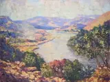 Edward Roworth, Mountainous Landscape with River, oil on canvas laid down on board
