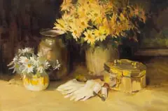 Ruth Squibb, Still Life with Gloves and Daisies, oil on canvas laid down on board