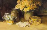 Ruth Squibb, Still Life with Gloves and Daisies, oil on canvas laid down on board