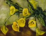 Bettie Cilliers-Barnard, Yellow Calla Lilies, oil on canvas laid down on board