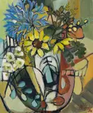 Nina Campbell-Quine, Abstracted Vase of Flowers with Agapanthus, 1976, oil on board