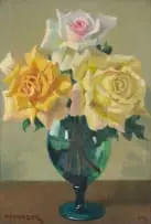 Willem Hermanus Coetzer, Roses in a Green Glass Vase, 1964, oil on board