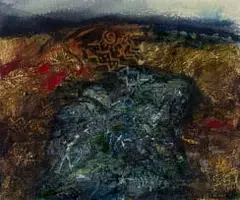 Lynette ten Krooden, Abstract Landscape in Gold and Silver, mixed media with gold and silver leaf on card