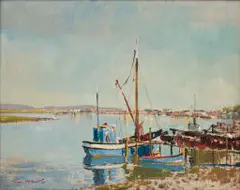 Terence McCaw, Fishing Boats at Velddrift, 1953, oil on canvas laid down on board