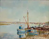 Terence McCaw, Fishing Boats at Velddrift, 1953, oil on canvas laid down on board