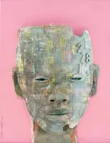 Thonton Kabeya, Green Head, 2020, mixed media with collage on canvas