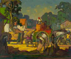 Longford Macdonald, Labourers with Horse and Cart, oil on board