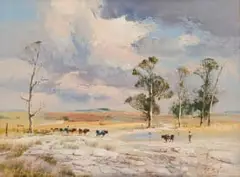 Cattle Crossing by Christopher Tugwell, oil on board, sold Apr 2026