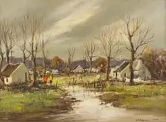 Cottages with Stream by Christiaan Nice, oil on canvas, sold Apr 2026