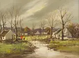 Christiaan Nice, Cottages with Stream, oil on canvas
