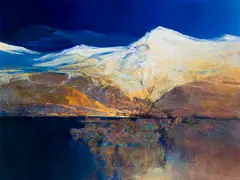 Mel Brigg, Abstract Landscape with Lake and Mountains, oil on board