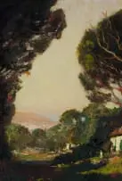 Edward Roworth, Cape Landscape with Trees and Figures, oil on board