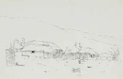Pieter Wenning, Hilly Landscape with Huts and Figrues, ink on paper