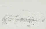 Pieter Wenning, Hilly Landscape with Huts and Figrues, ink on paper