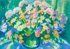 Gerhard Batha, Flowers in a Green Vase, watercolour on paper