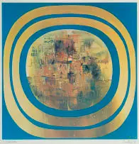 Larry Scully, Abstract Composition in Gold and Blue, 1975, colour photolithograph on paper