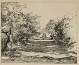 Walter Battiss, Two Figures Walking in a Landscape, pen on paper