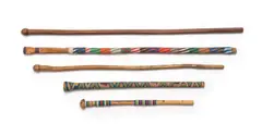 Unrecorded artist, Carved Wooden Staff, five, carved wood and coiled wire