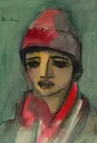 Carl Büchner, Boy with Red Hat, mixed media with charcoal on paper